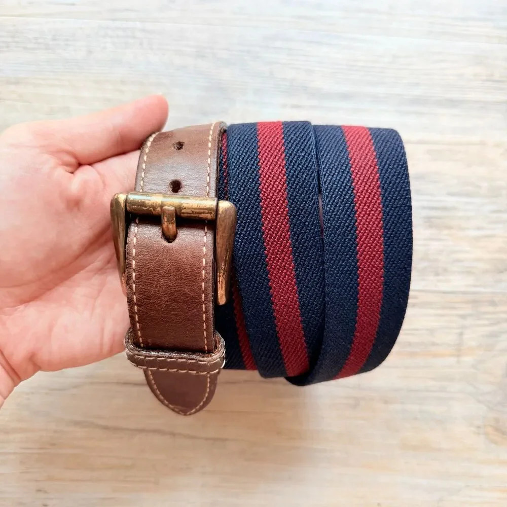 L.L.Bean Stretch Web Belt Size 40 Brown Leather Navy Red Stripe Brass Buckle